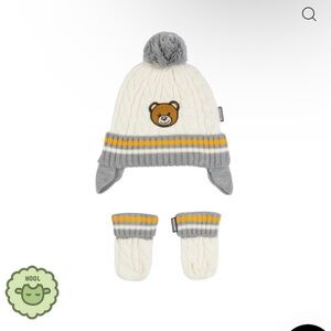 Moschino Gray and Cream Bear Beanie and Mittens Set
